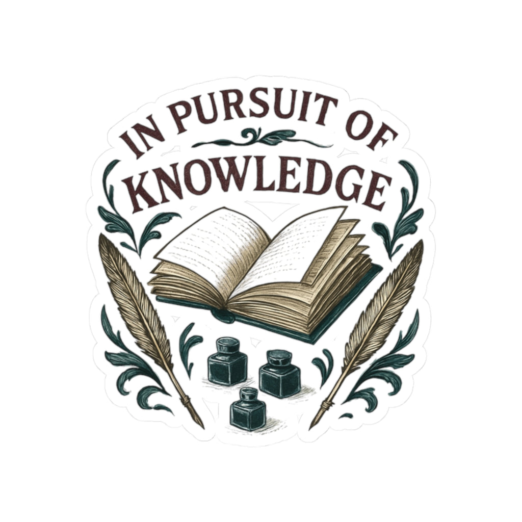 In Pursuit of Knowledge Kiss-Cut Sticker — Vintage Book & Quill Laptop Decal