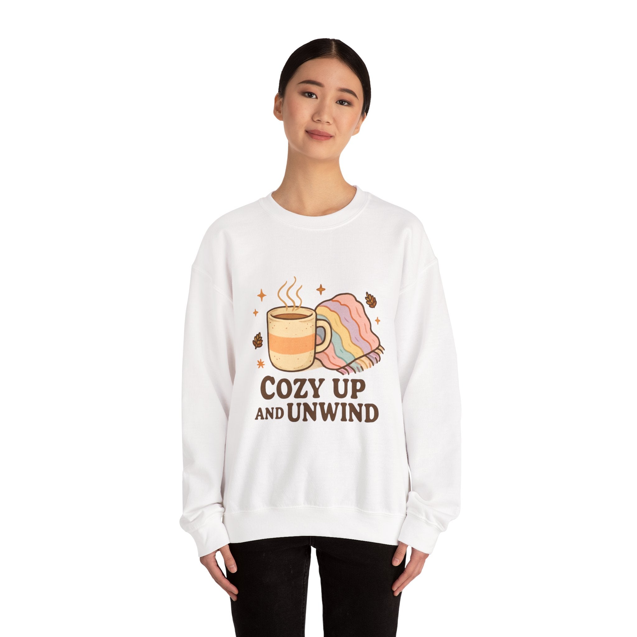 Cozy Up and Unwind Sweatshirt — Cute Coffee & Blanket Crewneck