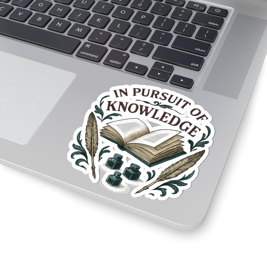 In Pursuit of Knowledge Kiss-Cut Sticker — Vintage Book & Quill Laptop Decal