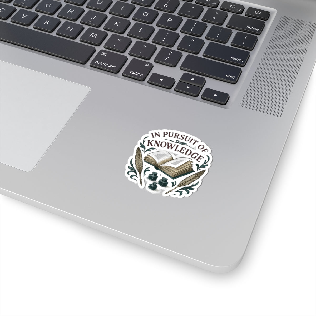 In Pursuit of Knowledge Kiss-Cut Sticker — Vintage Book & Quill Laptop Decal