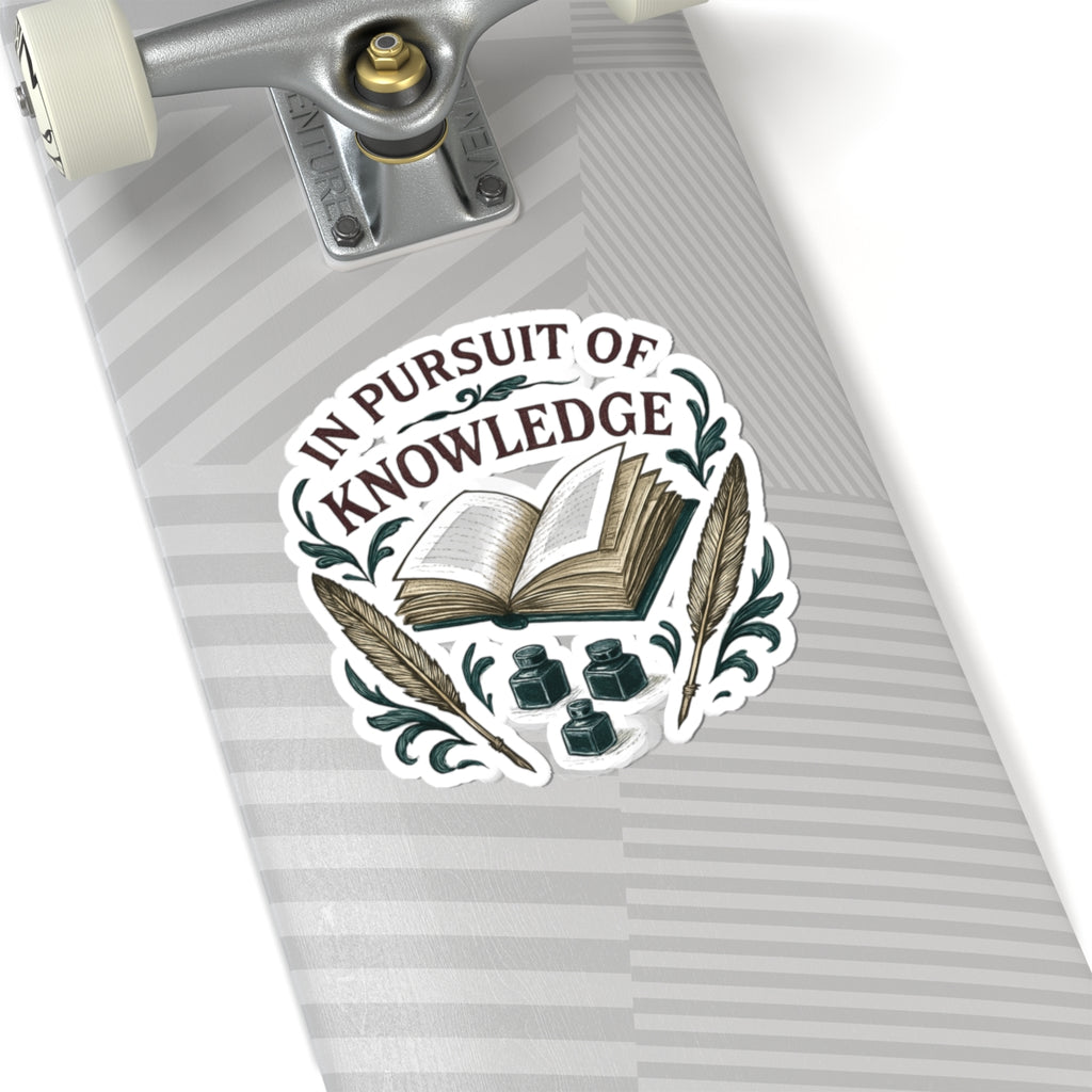 In Pursuit of Knowledge Kiss-Cut Sticker — Vintage Book & Quill Laptop Decal