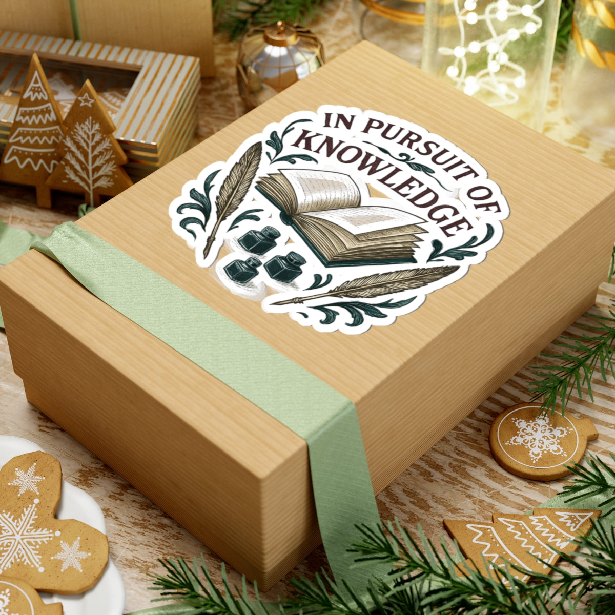 In Pursuit of Knowledge Kiss-Cut Sticker — Vintage Book & Quill Laptop Decal